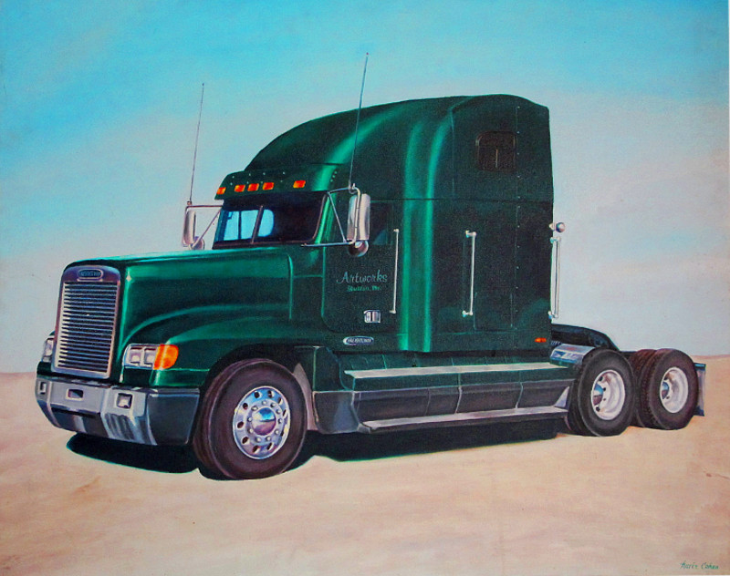 artist oil painting frieghtliner study in metal chrome